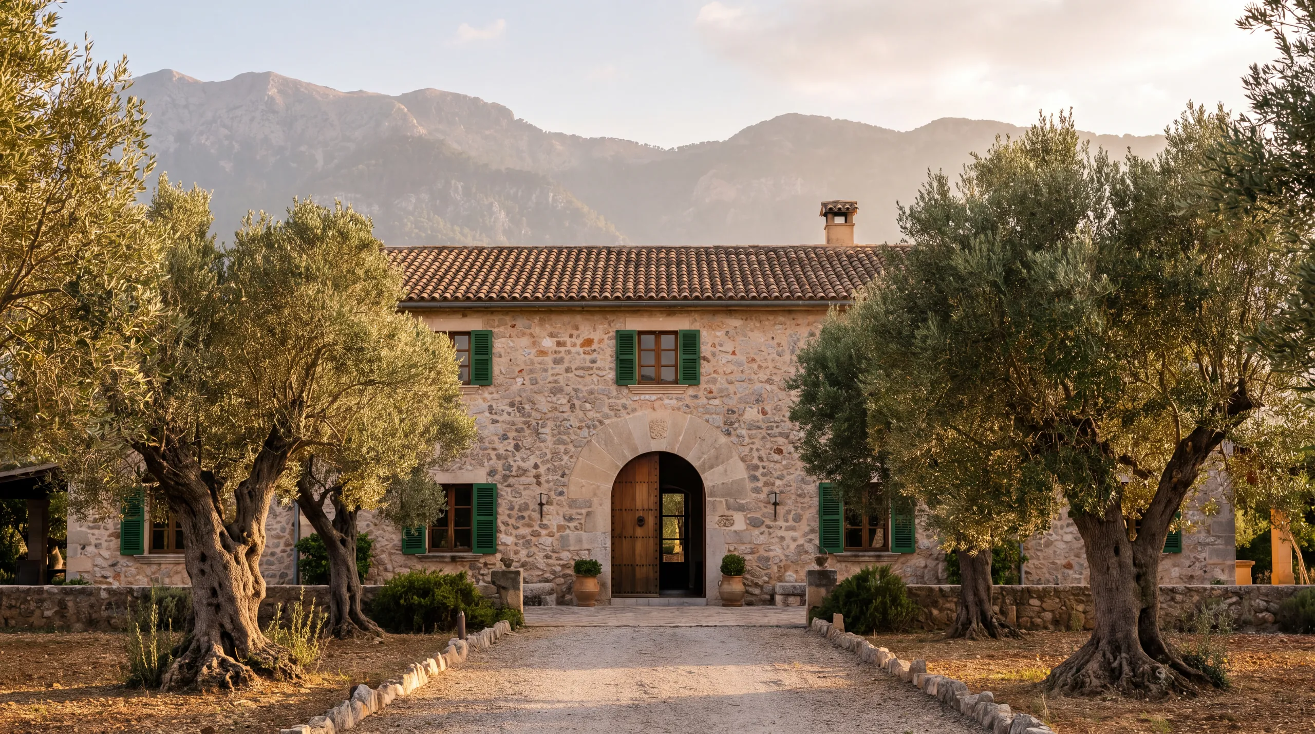 Finca de piedra entre olivos con la Tramuntana al fondo, luz de tarde