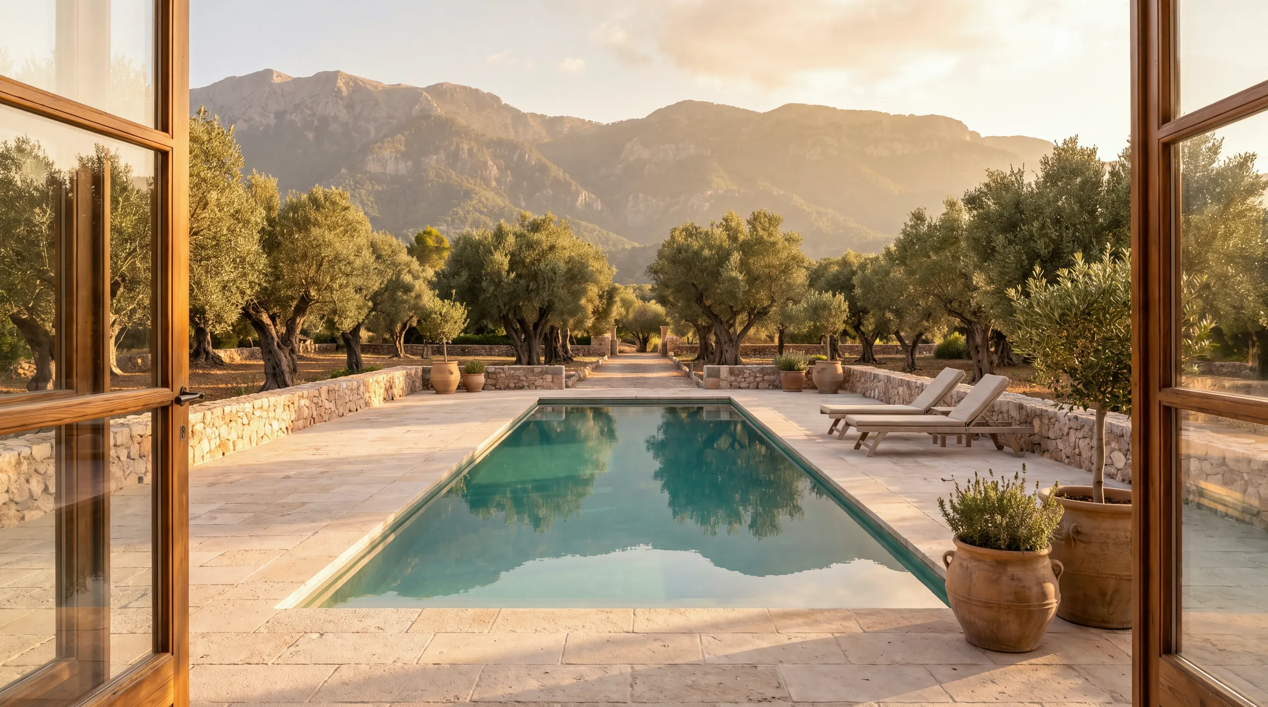 Terraza de marès con piscina, dos tumbonas y el olivar bajo la sierra