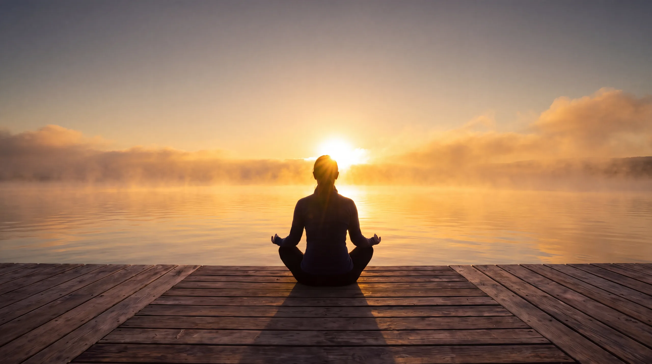 El sol sale tras la persona que medita
