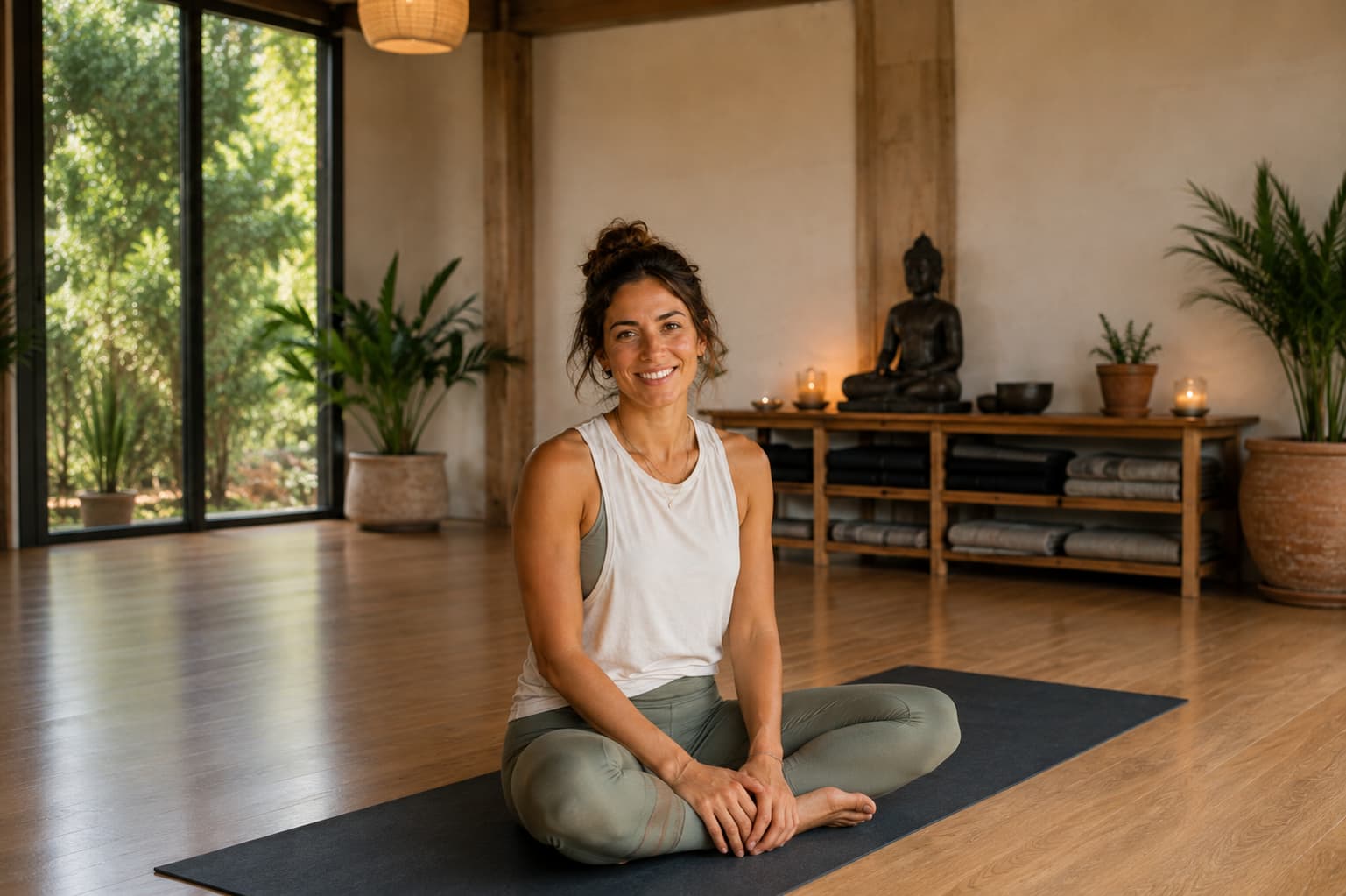 Núria, profesora de vinyasa, en la sala de práctica