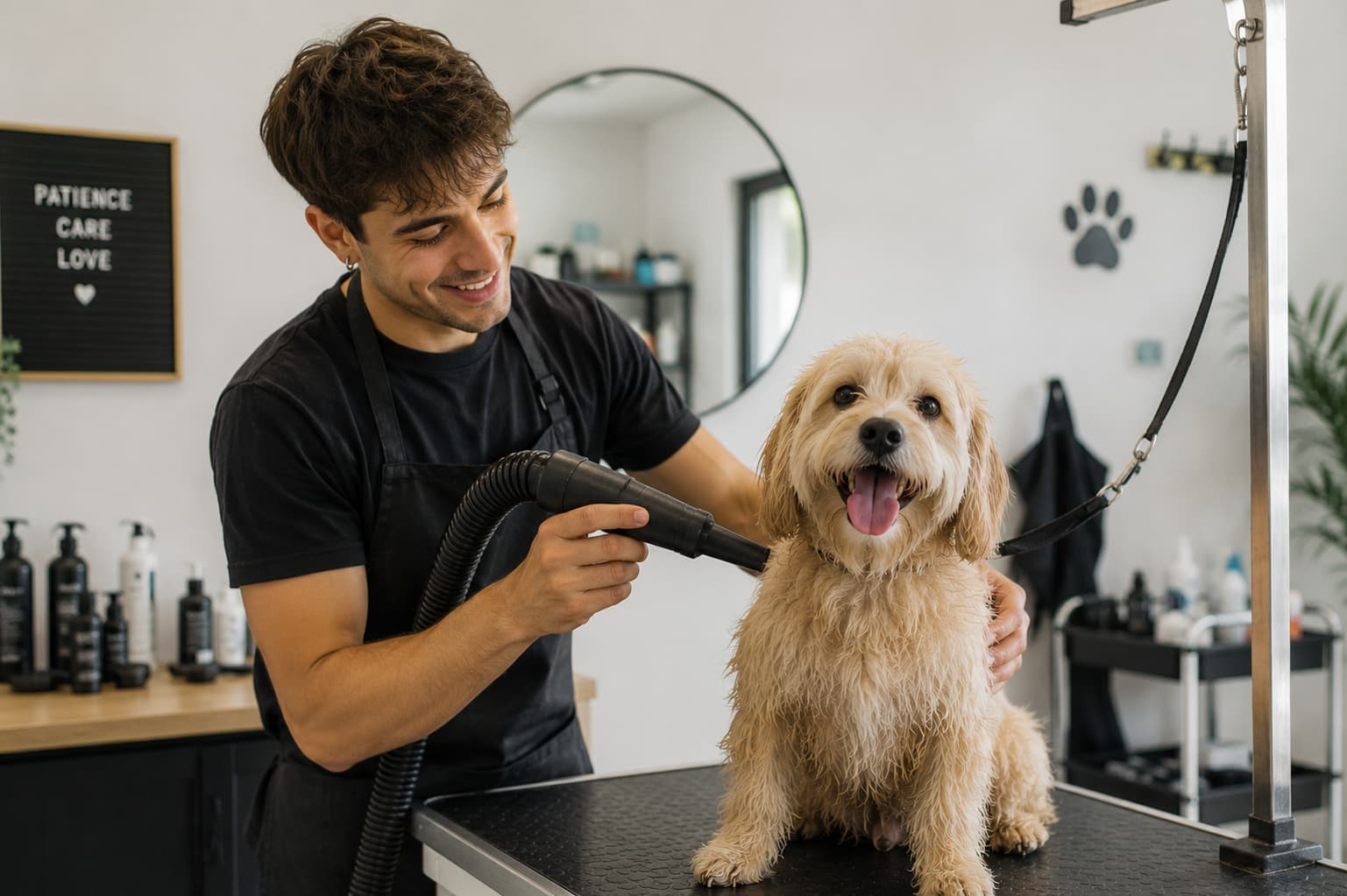 Juan, peluquero canino, secando a un perro en el local