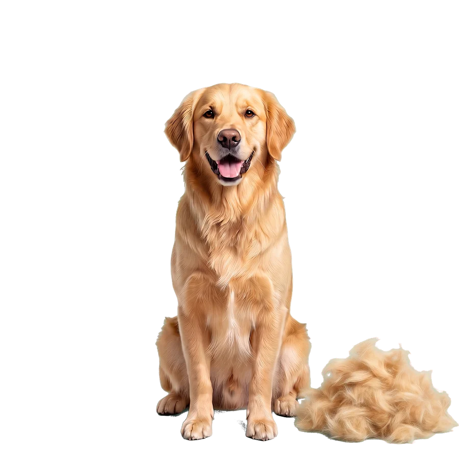 Golden retriever tras el deslanado, con su montaña de pelo al lado