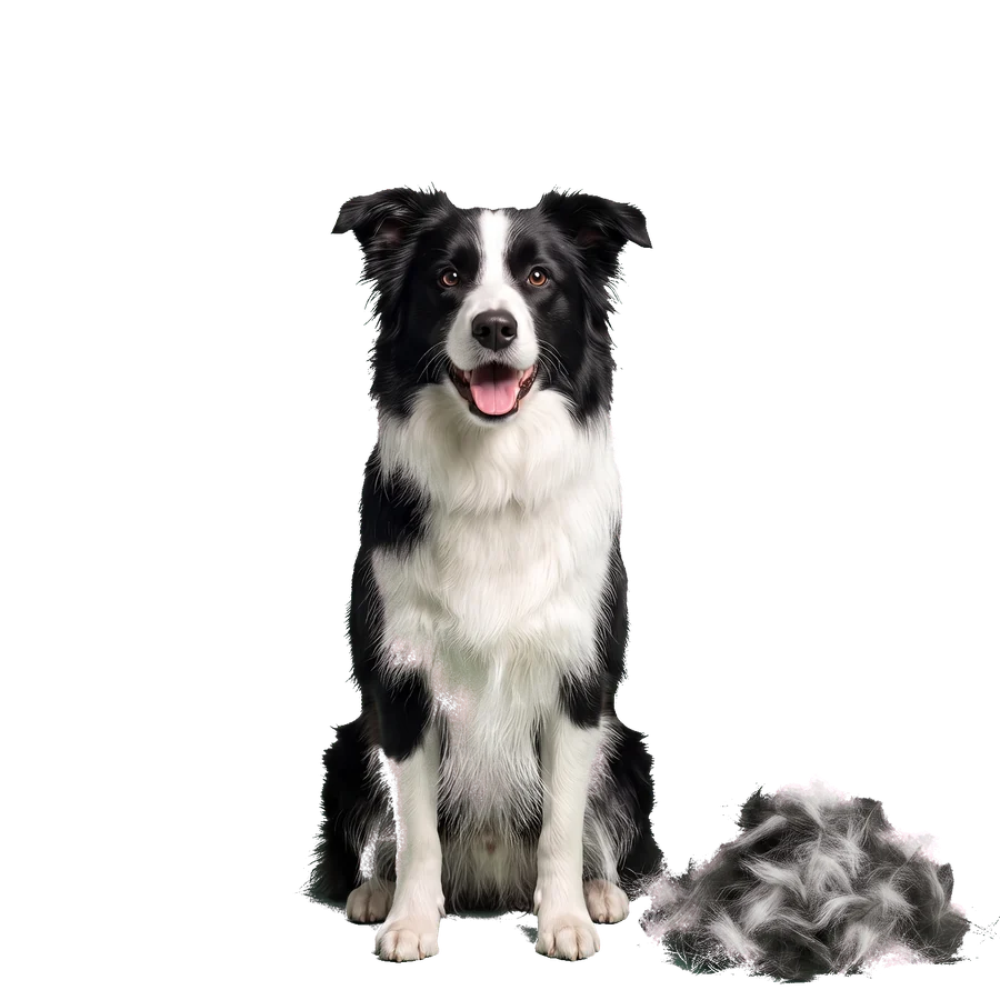 Border collie tras el deslanado, con su montaña de pelo al lado