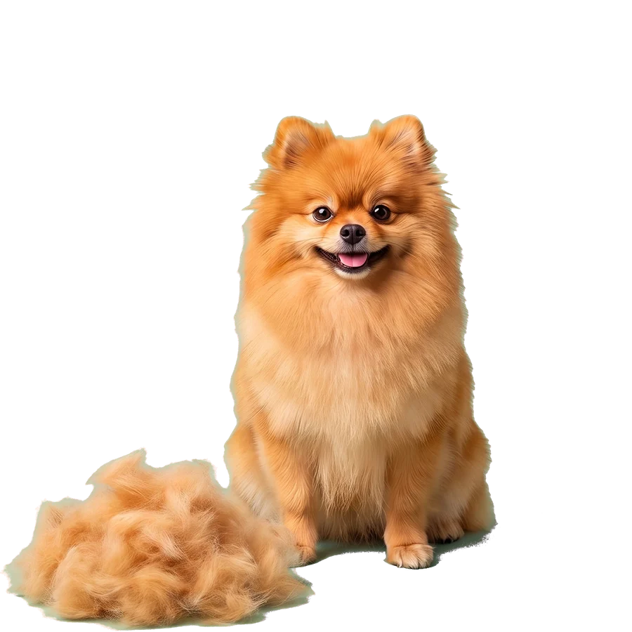 Pomerania tras el deslanado, con su montaña de pelo al lado