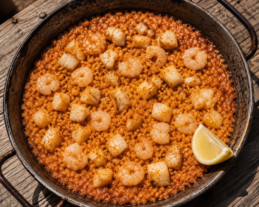 Arroz meloso de senyoret con gambas y pescado, sin cáscaras