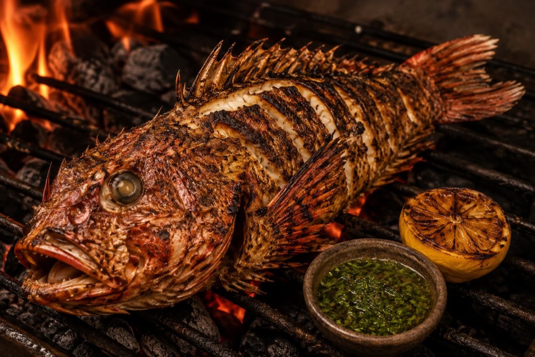 Gallineta entera a la brasa con salsa verde y limón asado