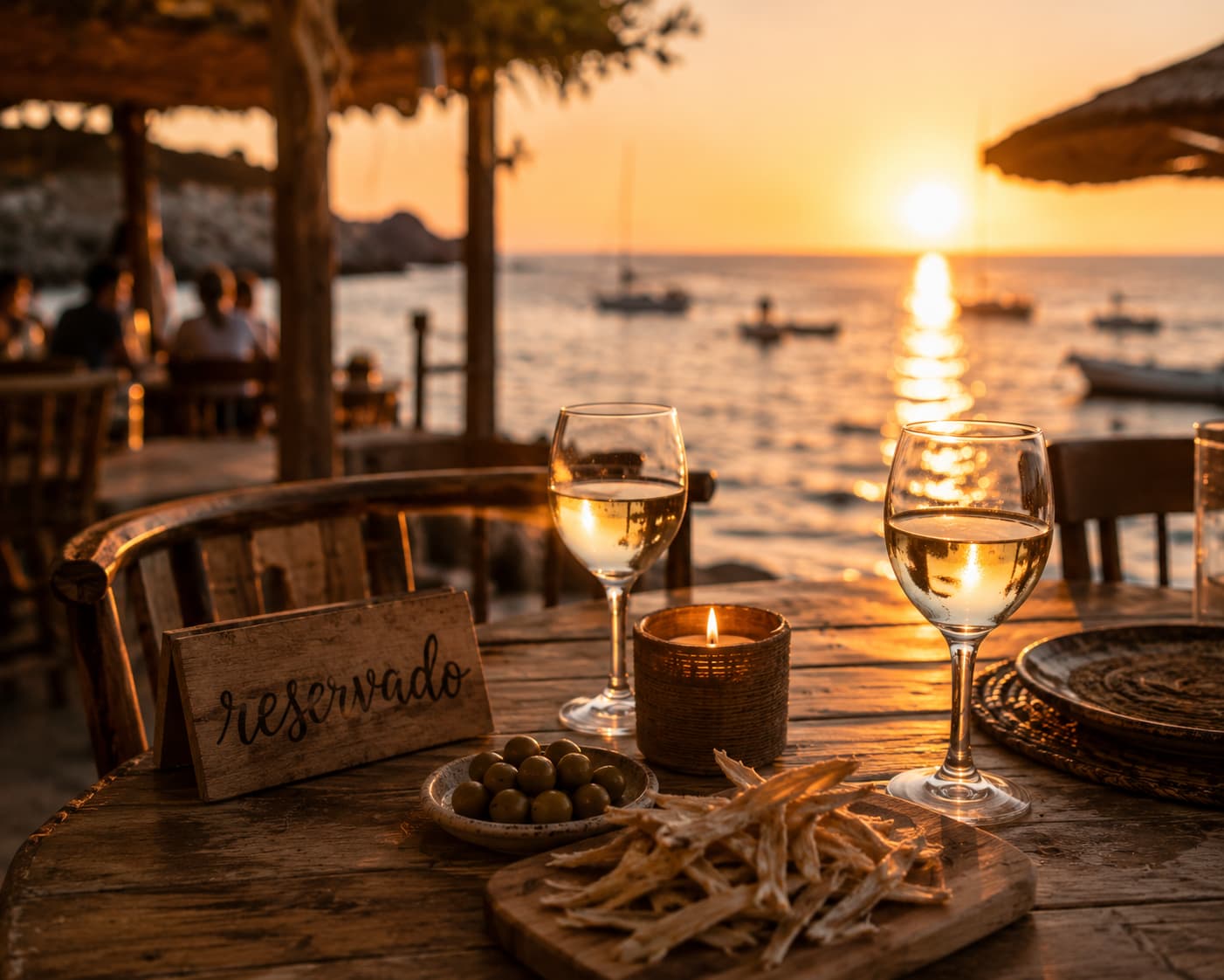 Mesa reservada en primera línea al atardecer, con aceitunas y peix sec