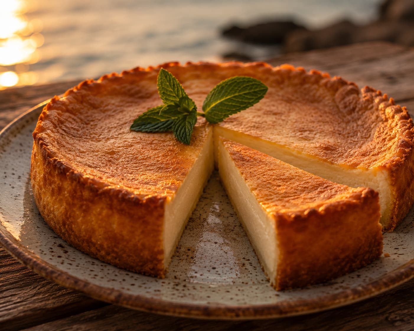 Flaó, tarta ibicenca de queso fresco y hierbabuena, recién cortada