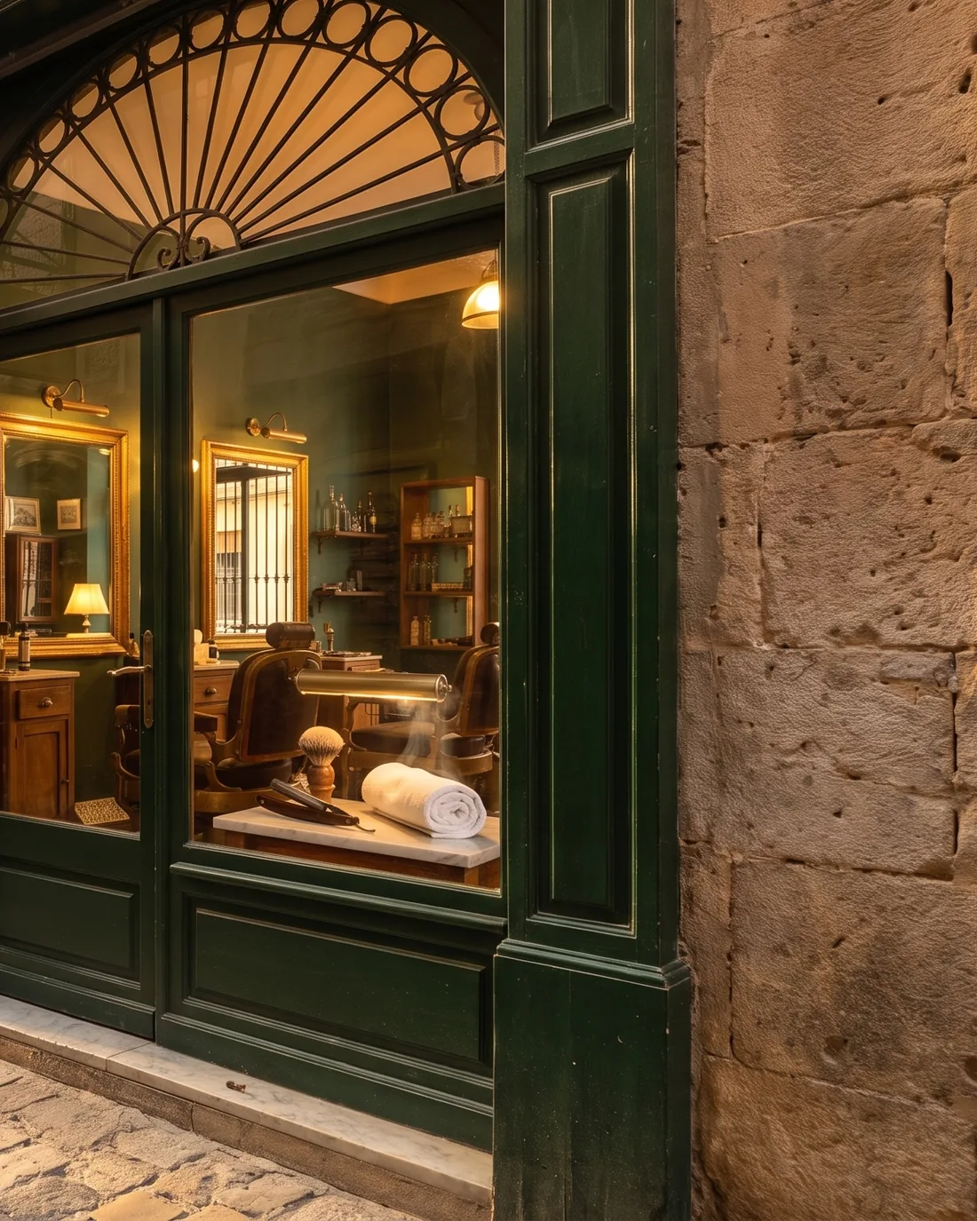 Fachada de Navalla en un callejón empedrado del casco antiguo: escaparate verde con el arco de hierro y luz cálida dentro