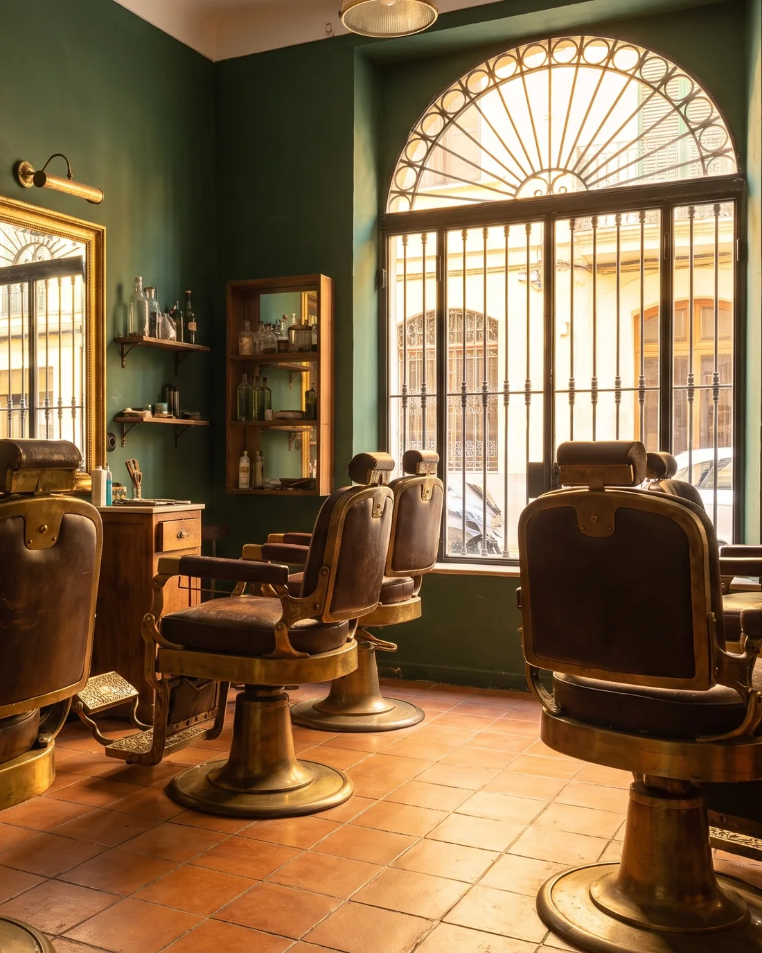 Interior de Navalla: cuatro sillones de barbero de cuero, espejos con marco dorado y la ventana en arco al callejón