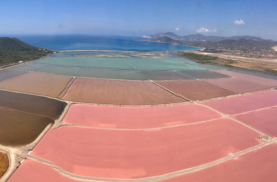 Vista aérea de Ses Salines, con los estanques en distintos tonos de rosa, verde y tierra según la concentración de sal