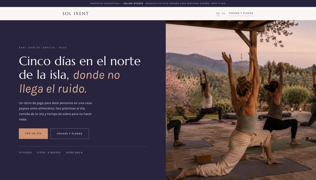 Web de retiro de yoga Sol Ixent diseñada por Salina Studio